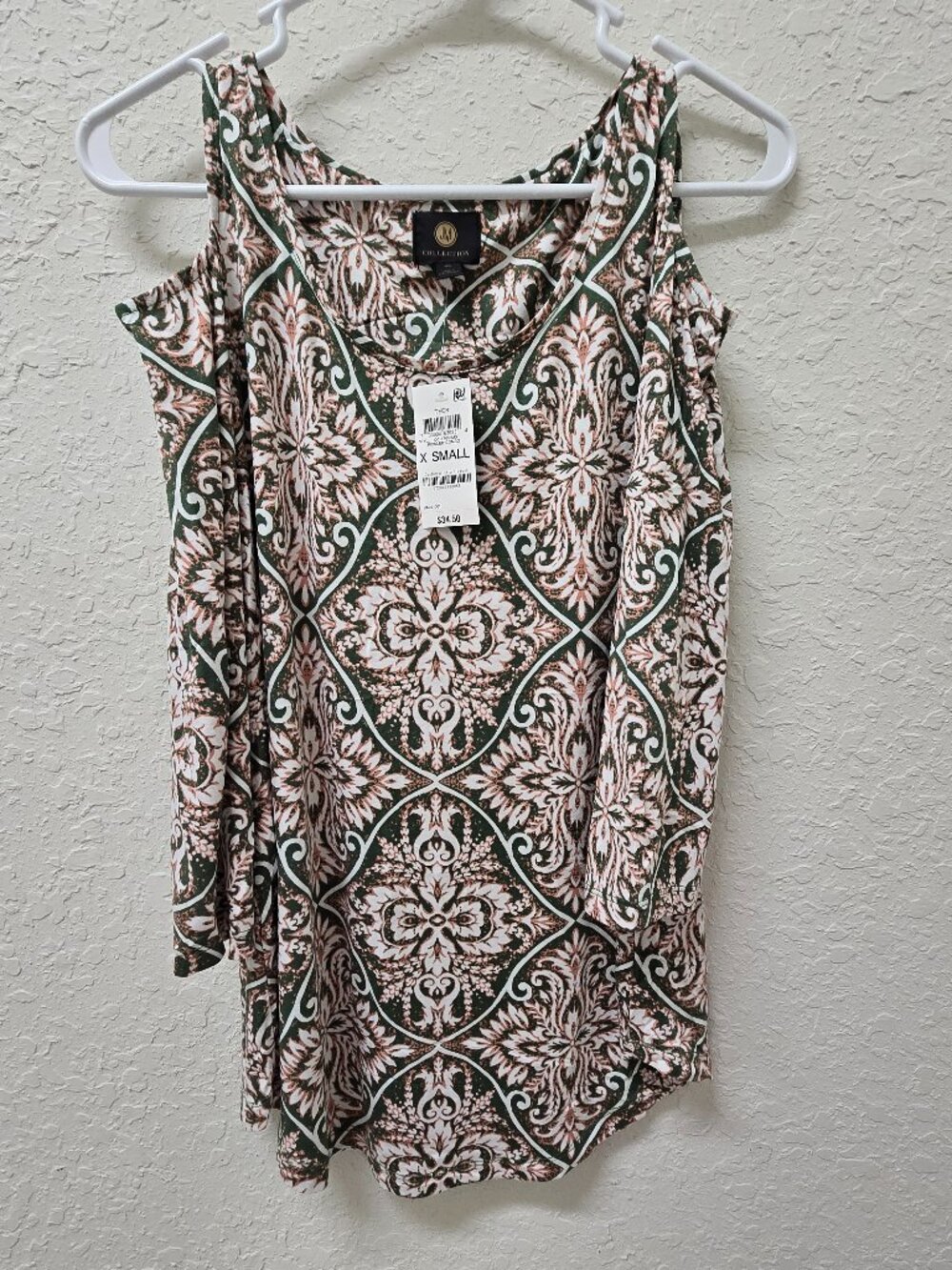 NWT JM Collection Cold Shoulder Top XS Green Blush/Pink Damask Paisley Boho
